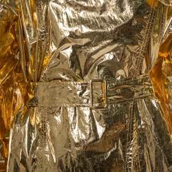 Push Button Metallic Gold Crinkled Synthetic Belted Oversized Trench Coat M