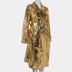 Push Button Metallic Gold Crinkled Synthetic Belted Oversized Trench Coat M