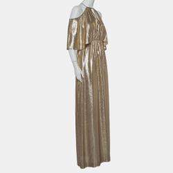 Rachel Zoe Gold Lurex Silk Cold Shoulder Overlay Detail Marlene Maxi Dress M
