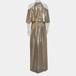 Rachel Zoe Gold Lurex Silk Cold Shoulder Overlay Detail Marlene Maxi Dress M