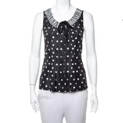 Louis Vuitton Black Polka Dot Printed Silk & Cotton Contrast Neck Detail Sleeveless Top XS
