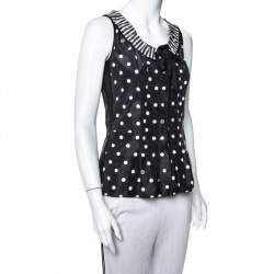 Louis Vuitton Black Polka Dot Printed Silk & Cotton Contrast Neck Detail Sleeveless Top XS