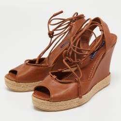Pre Owned Ralph Lauren Brown Leather Wedge Sandals Size 39
