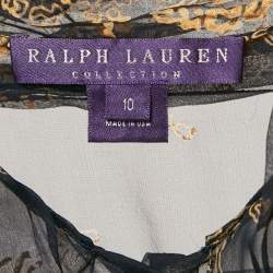 Pre Owned Ralph Lauren Collection Navy Blue/Gold Print Silk Ruffled Sheer Shirt M