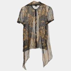 Pre Owned Ralph Lauren Collection Navy Blue/Gold Print Silk Ruffled Sheer Shirt M