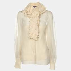 Ralph Lauren Collection Beige Chiffon Ruffled Trim Tops S