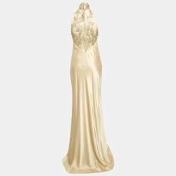 Pre Owned Ralph Lauren Collection Gold Silk Satin  Embellished Yoke Gown M