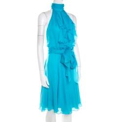 Pre Owned Ralph Lauren Collection Sky Blue Silk Ruffled Blackless Halter Dress M