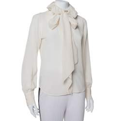 Pre Owned Ralph Lauren Collection Beige Silk Ruffed Belted Neck Detail Shirt S