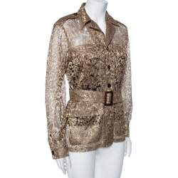Pre Owned Ralph Lauren Gold Lace Long Sleeve Button Front Belted Jacket M