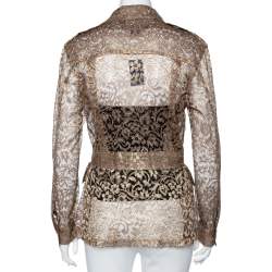 Pre Owned Ralph Lauren Gold Lace Long Sleeve Button Front Belted Jacket M