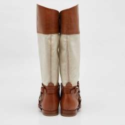 Ralph Lauren Tan/White Canvas and Leather Riding Knee Length Boots Size 38