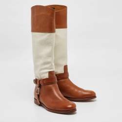 Ralph Lauren Tan/White Canvas and Leather Riding Knee Length Boots Size 38