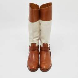 Ralph Lauren Tan/White Canvas and Leather Riding Knee Length Boots Size 38