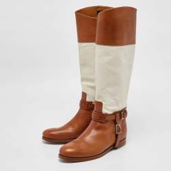 Ralph Lauren Tan/White Canvas and Leather Riding Knee Length Boots Size 38