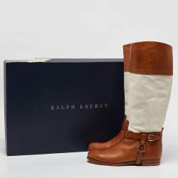 Ralph Lauren Tan/White Canvas and Leather Riding Knee Length Boots Size 38