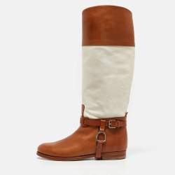 Ralph Lauren Tan/White Canvas and Leather Riding Knee Length Boots Size 38