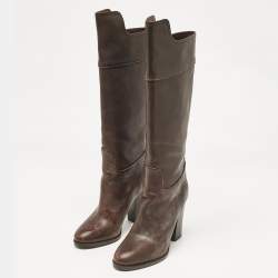 Pre Owned Ralph Lauren Collection Brown Leather Knee Length Boots Size 37.5