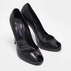 Pre Owned Ralph Lauren Black Leather Peep Toe Pumps Size 37