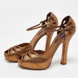 Ralph Lauren Collection Gold Leather Platform Ankle Strap Sandals Size 40