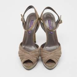 Pre Owned Ralph Lauren Collection Olive Green Suede Ankle Strap Platform Sandals Size 37
