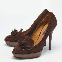 Pre Owned Ralph Lauren Brown Suede Tassel Platform Loafer Pumps Size 39