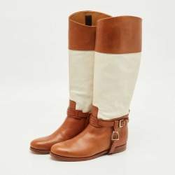 Pre Owned Ralph Lauren Collection Tan/White Canvas and Leather Riding Knee Length Boots Size 38
