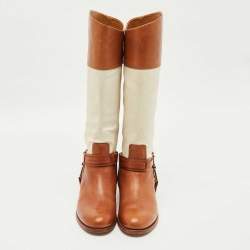 Pre Owned Ralph Lauren Collection Tan/White Canvas and Leather Riding Knee Length Boots Size 38