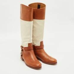 Pre Owned Ralph Lauren Collection Tan/White Canvas and Leather Riding Knee Length Boots Size 38