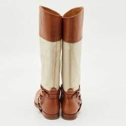 Pre Owned Ralph Lauren Collection Tan/White Canvas and Leather Riding Knee Length Boots Size 38
