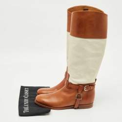 Pre Owned Ralph Lauren Collection Tan/White Canvas and Leather Riding Knee Length Boots Size 38