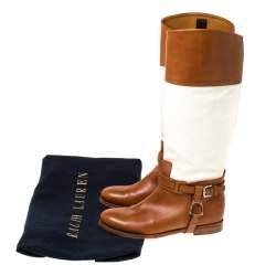 Pre Owned Ralph Lauren Tan/White Canvas and Leather Riding Knee High Boots Size 37