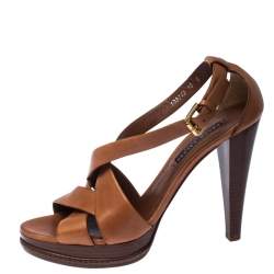 Pre Owned Ralph Lauren Collection Brown Leather Strappy Platform Sandals Size 40