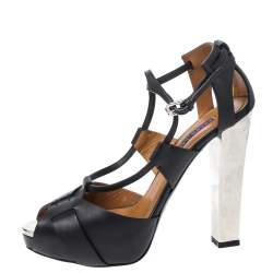 Pre Owned Ralph Lauren Collection Black Leather Platform Ankle Strap Sandals Size 38.5