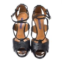Pre Owned Ralph Lauren Collection Black Leather Platform Ankle Strap Sandals Size 38.5