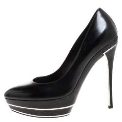 Pre Owned Ralph Lauren Black Leather Platform Pumps Size 39.5
