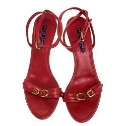 Pre Owned Ralph Lauren Collection Red Leather Horsebit And Buckle Detail Ankle Strap Sandals Size 39