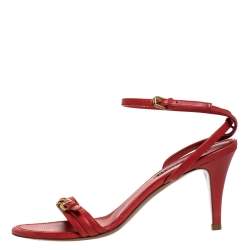 Pre Owned Ralph Lauren Collection Red Leather Horsebit And Buckle Detail Ankle Strap Sandals Size 39