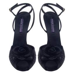 Pre Owned Ralph Lauren Collection Black Satin Rose Peep Toe Ankle Wrap Sandals Size 39