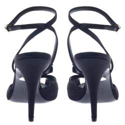 Pre Owned Ralph Lauren Collection Black Satin Rose Peep Toe Ankle Wrap Sandals Size 39