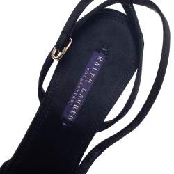 Pre Owned Ralph Lauren Collection Black Satin Rose Peep Toe Ankle Wrap Sandals Size 39