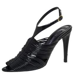 Pre Owned Ralph Lauren Black Patent Leather Ankle Strap Sandals Size 37.5