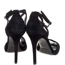 Pre Owned Ralph Lauren Collection Black Suede Leather Cut Out T-Strap Sandals Size 38.5
