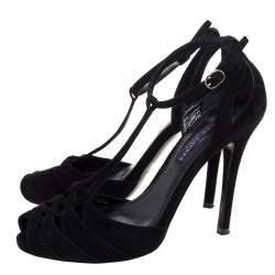 Pre Owned Ralph Lauren Collection Black Suede Leather Cut Out T-Strap Sandals Size 38.5