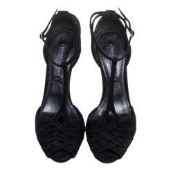 Pre Owned Ralph Lauren Collection Black Suede Leather Cut Out T-Strap Sandals Size 38.5