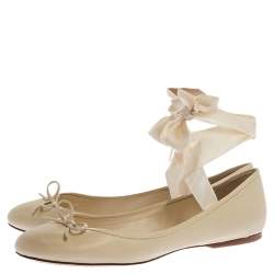 Pre Owned Ralph Lauren White Leather Bow Ankle Wrap Ballet Flats Size 41