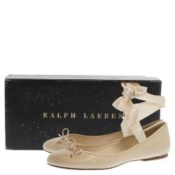 Pre Owned Ralph Lauren White Leather Bow Ankle Wrap Ballet Flats Size 41