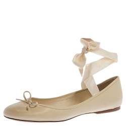 Pre Owned Ralph Lauren White Leather Bow Ankle Wrap Ballet Flats Size 41