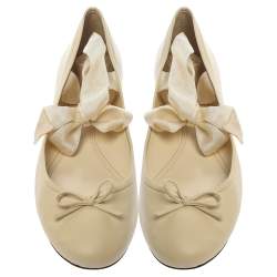 Pre Owned Ralph Lauren White Leather Bow Ankle Wrap Ballet Flats Size 41