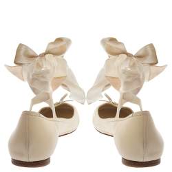 Pre Owned Ralph Lauren White Leather Bow Ankle Wrap Ballet Flats Size 41